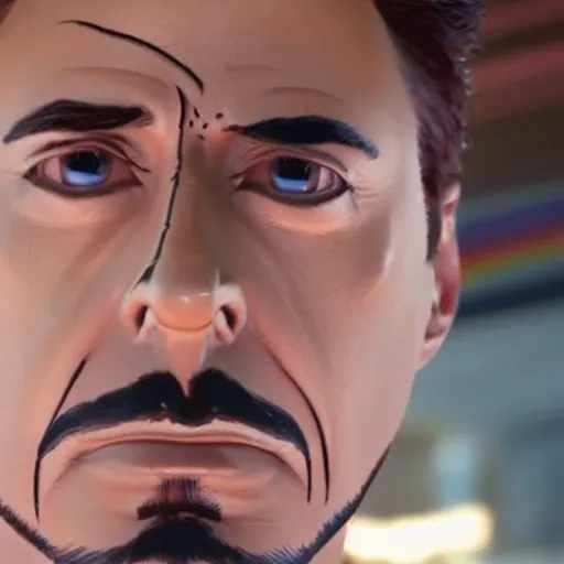 Image similar to tony stark wearking makup in the gay parade, 8k resolution, close-up shot, hyper-detailed