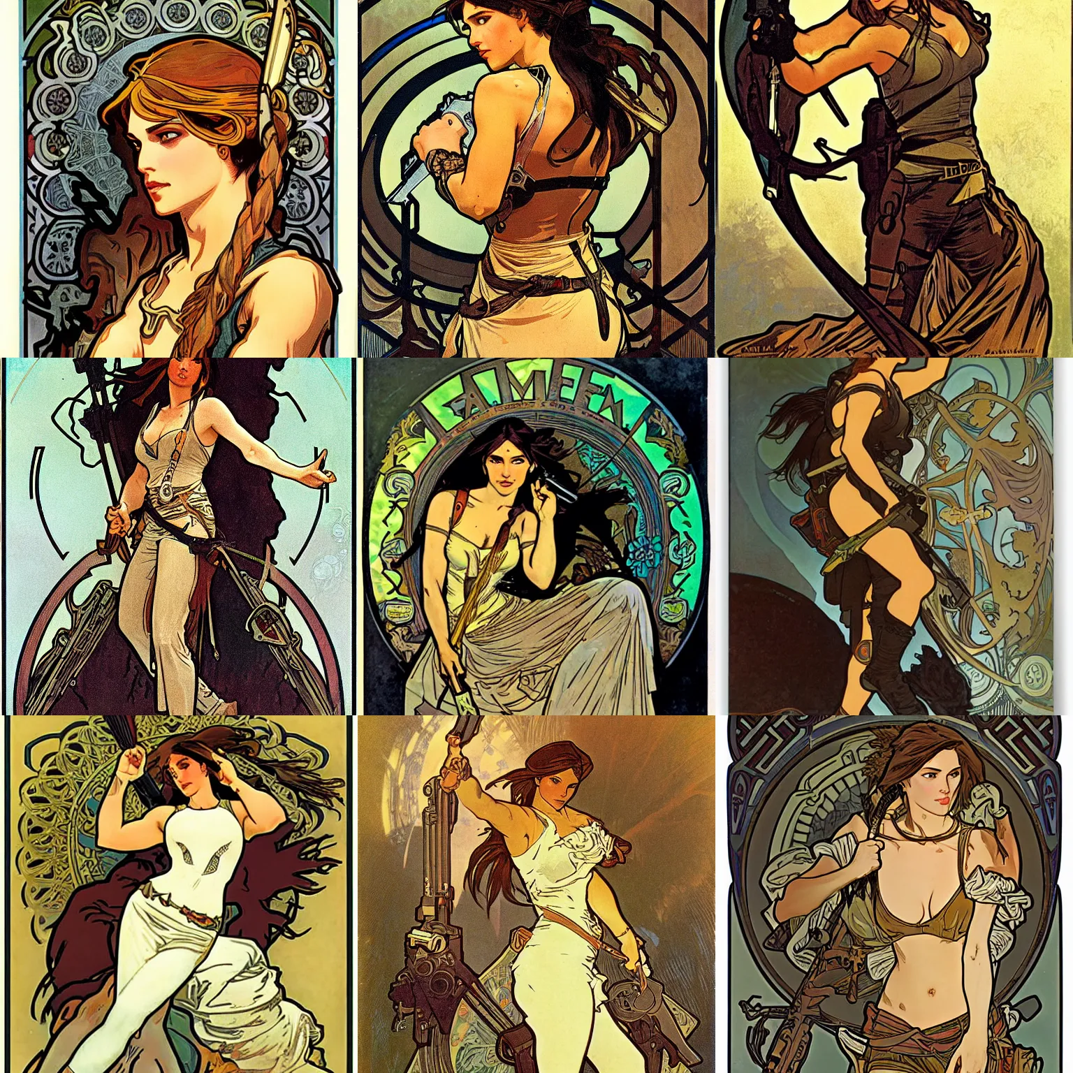 Prompt: Lara Croft, illustration by Alphonse Mucha