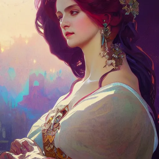 Image similar to a Portrait of A queen whose body radiates holy light by greg rutkowski and alphonse mucha,In style of digital art illustration.WLOP.hyper detailed,smooth, sharp focus,trending on artstation,4k