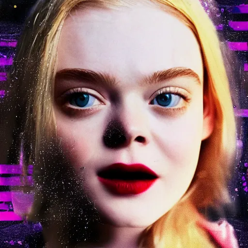 Prompt: glitch art of Elle Fanning, VHS. 8K. Extremely detailed.