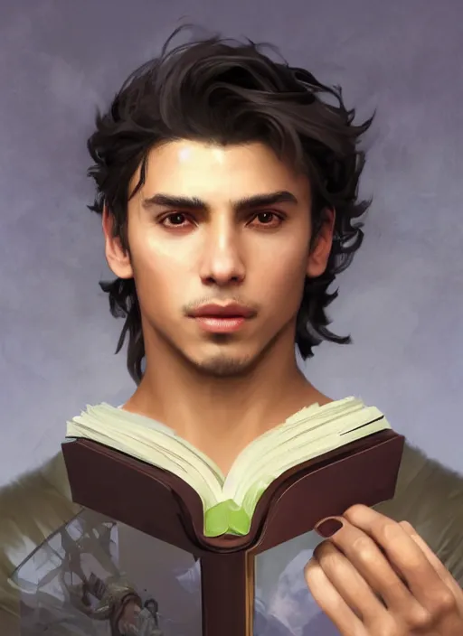 Image similar to character concept portrait of a handsome young adventurous Latino wizard with olive skin casting a love spell, a floating iridescent spell book in the center, intricate, elegant, digital painting, concept art, smooth, sharp focus, illustration, from Metal Gear, by Ruan Jia and Mandy Jurgens and William-Adolphe Bouguereau, Artgerm