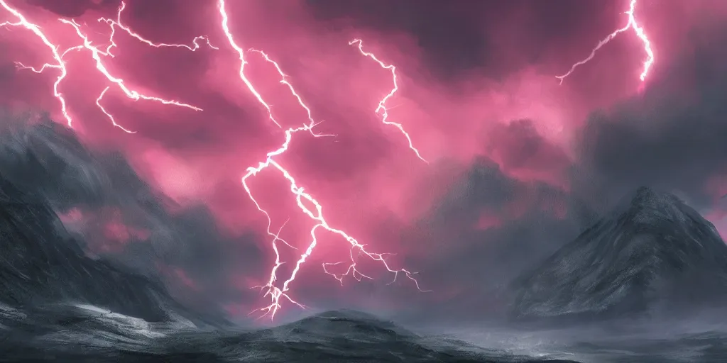 Image similar to ruby lightning stormclouds above a mountain range, concept art