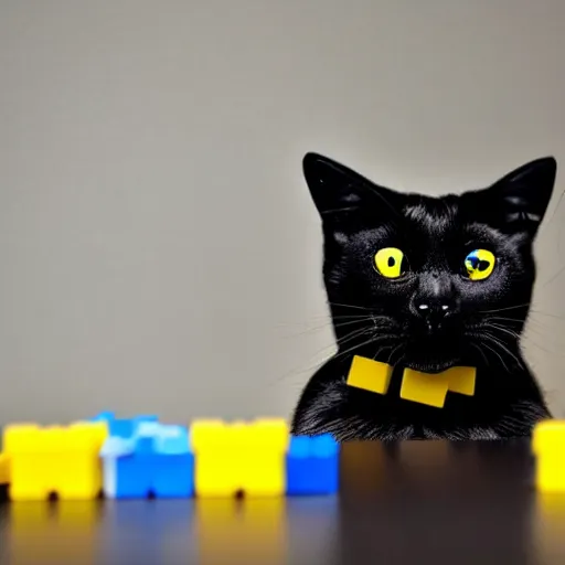 Prompt: a black cat with yellow eyes made out of legos