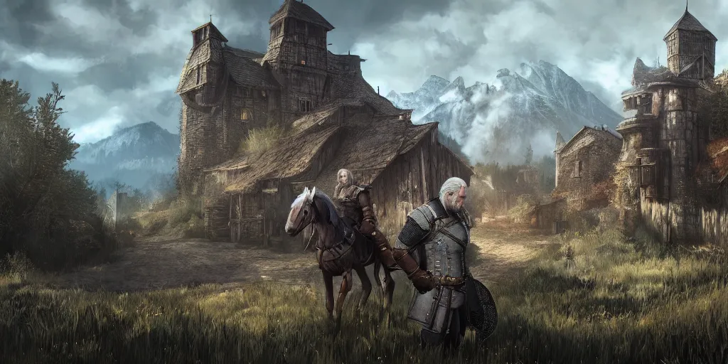 Image similar to Geralt of Rivia, Witcher 3, game art, concept art, village, castle, horse,