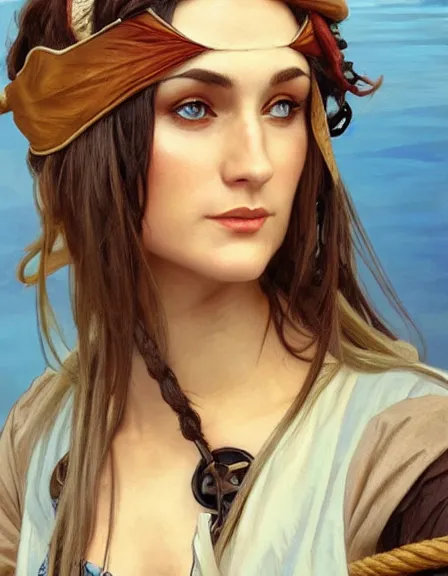 Image similar to fully clothed armed female pirate captain with a male deckhand partner, sun, summer, blue eyes, beauty, wisdom, love, strength, knowledge, smart, portrait, symmetrical, highly detailed, digital painting, artstation, smooth, sharp focus, illustration, strength, art by artgerm and alphonse mucha and louis theophile hingre. 8 k