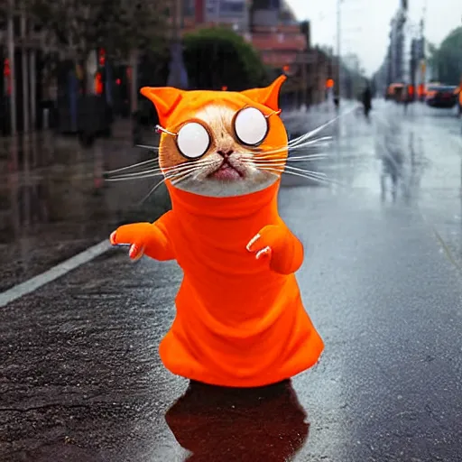 Image similar to a crying cat in the middle of a wet street while wearing a funny carrot costume, android photograph, meme picture