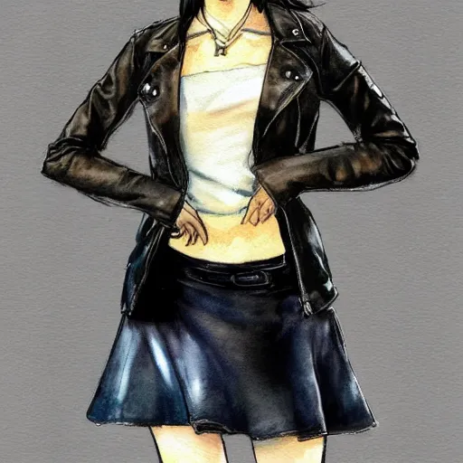 Prompt: a perfect, realistic professional digital sketch of a Japanese young woman posing, wearing leather jacket and skirt, in style of Marvel, full length, by pen and watercolor, by a professional American senior artist on ArtStation, a high-quality hollywood-style sketch, on high-quality paper