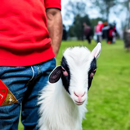 Image similar to lewis hamilton holding a baby goat, ( sony a 7 r iv, symmetric balance, polarizing filter, photolab, lightroom, 4 k, dolby vision, photography awardm, voque, perfect face )