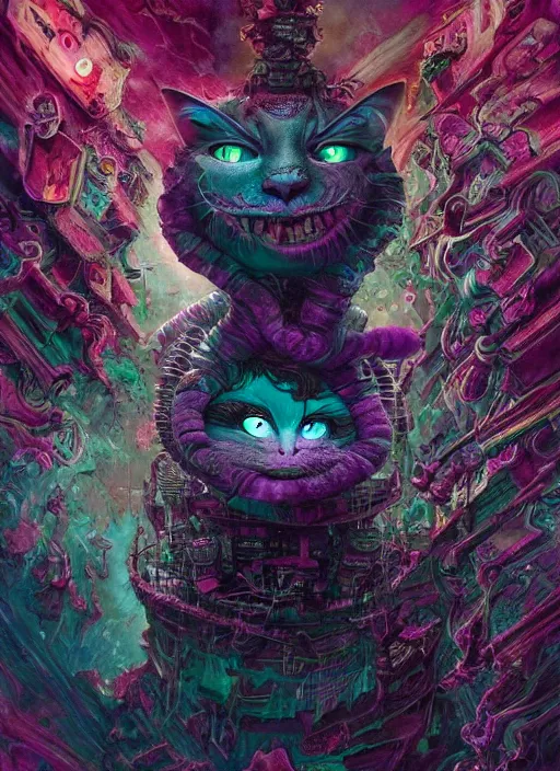 Image similar to cheshire cat, matrix, cyberpunk, highly detailed, cinematic, 8 k, by megan duncanson, benjamin lacombe, adrian borda, stanley artgermm, tom bagshaw, craig mullins, carne griffiths, ayami kojima, beksinski, giger, trending on deviantart, hyper detailed, horror, full of colour