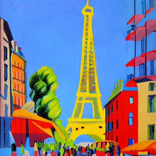 Image similar to A sunny day in modern Paris, colorful painting by Charles Blondin