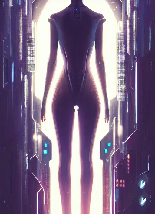 Image similar to symmetry!! portrait of woman with nanotech, sci - fi -, cyberpunk, blade runner, glowing lights, tech, biotech, techwear!! intricate, elegant, highly detailed, digital painting, artstation, concept art, smooth, sharp focus, illustration, art by artgerm and greg rutkowski and alphonse mucha