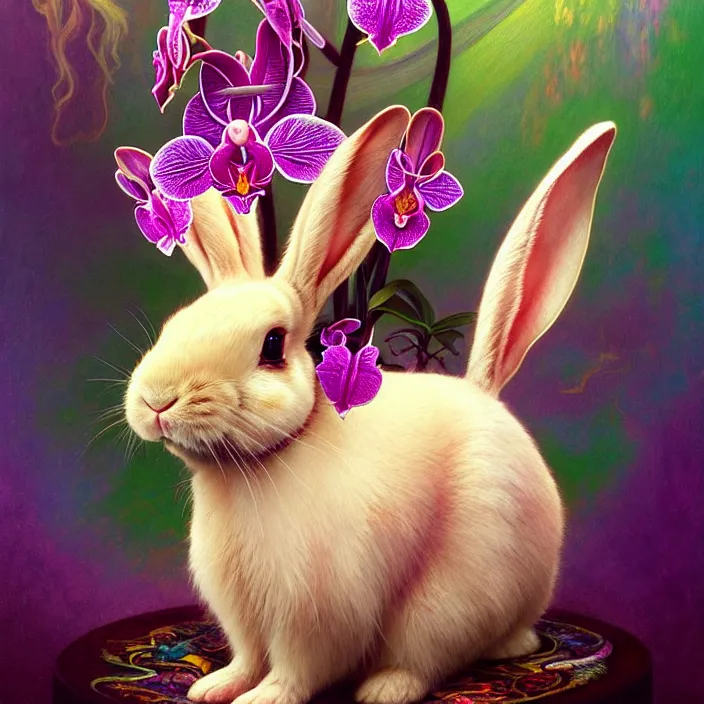 Prompt: psychedelic bunny made of orchid, diffuse lighting, fantasy, intricate, elegant, highly detailed, lifelike, photorealistic, digital painting, artstation, illustration, concept art, smooth, sharp focus, art by John Collier and Albert Aublet and Krenz Cushart and Artem Demura and Alphonse Mucha