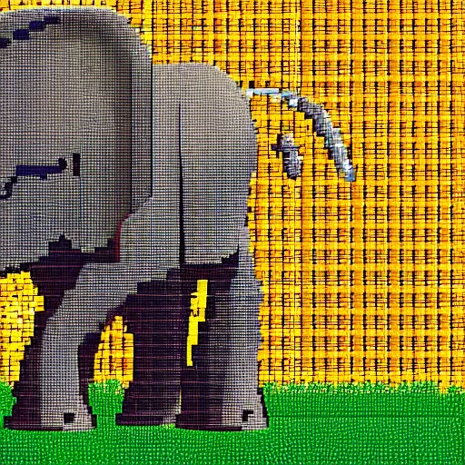 Image similar to a pixelated 1 bit elephant, behind the elephant is a golden sword.