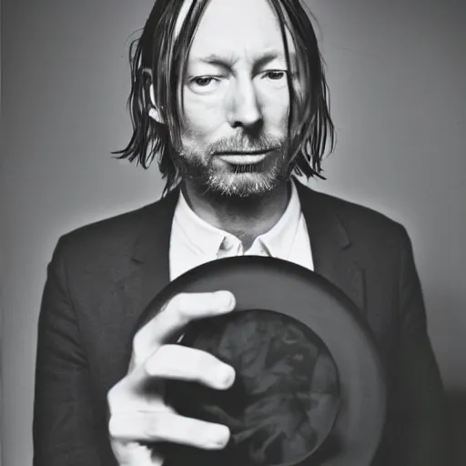 Image similar to Thom Yorke, Radiohead, holding the moon upon a stick, with a beard and a black jacket, a portrait by John E. Berninger, dribble, neo-expressionism, uhd image, studio portrait, 1990s