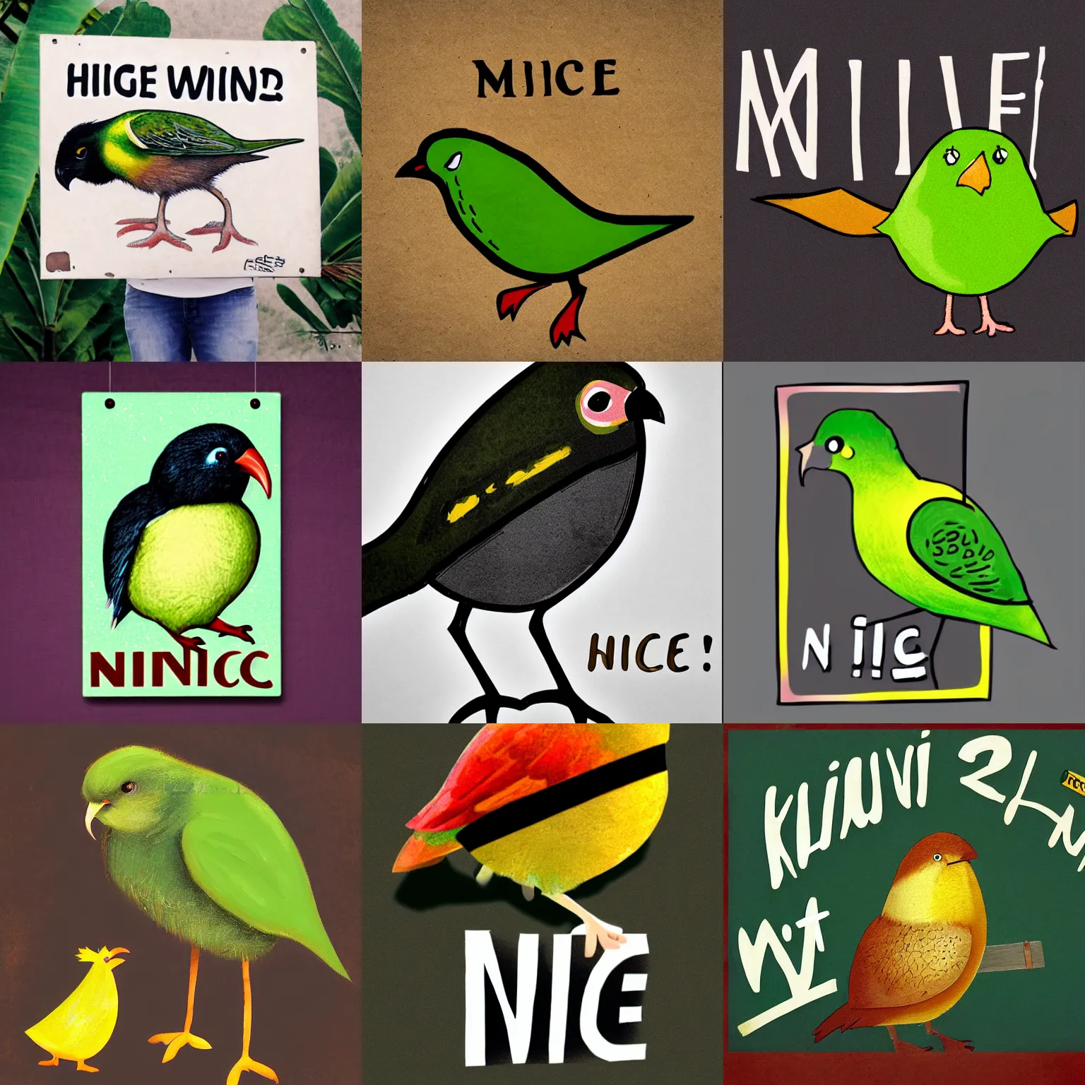 Prompt: kiwi bird with a sign that says nice, high quality, artstation