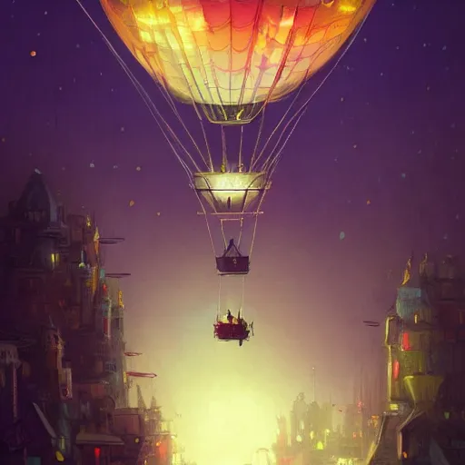 Image similar to a beautiful stunning fantasy whimsical matte digital illustration of a hot - air balloon race over a city at night by marc simonetti, pastel color palette, disney steampunk, chiaroscuro magical bokeh moon stars, trending on artstation hq, masterpiece