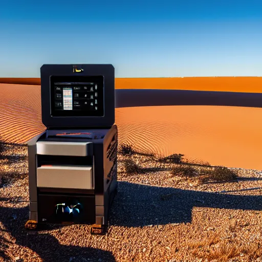 Image similar to stl model slicer GUI control device for industrial house printer, in the australian desert, XF IQ4, 150MP, 50mm, F1.4, ISO 200, 1/160s, dawn