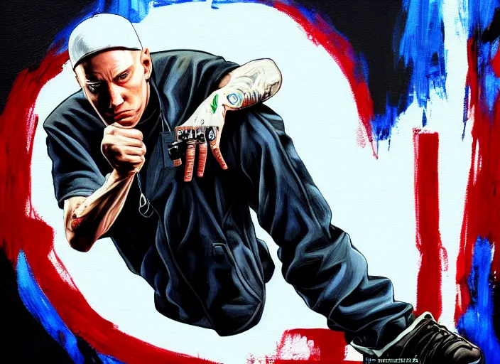 Image similar to eminem in gta v covert art painted by stephen bliss, centered, uncropped, full body, symmetrical face, crispy, trending on artstation, deviantart