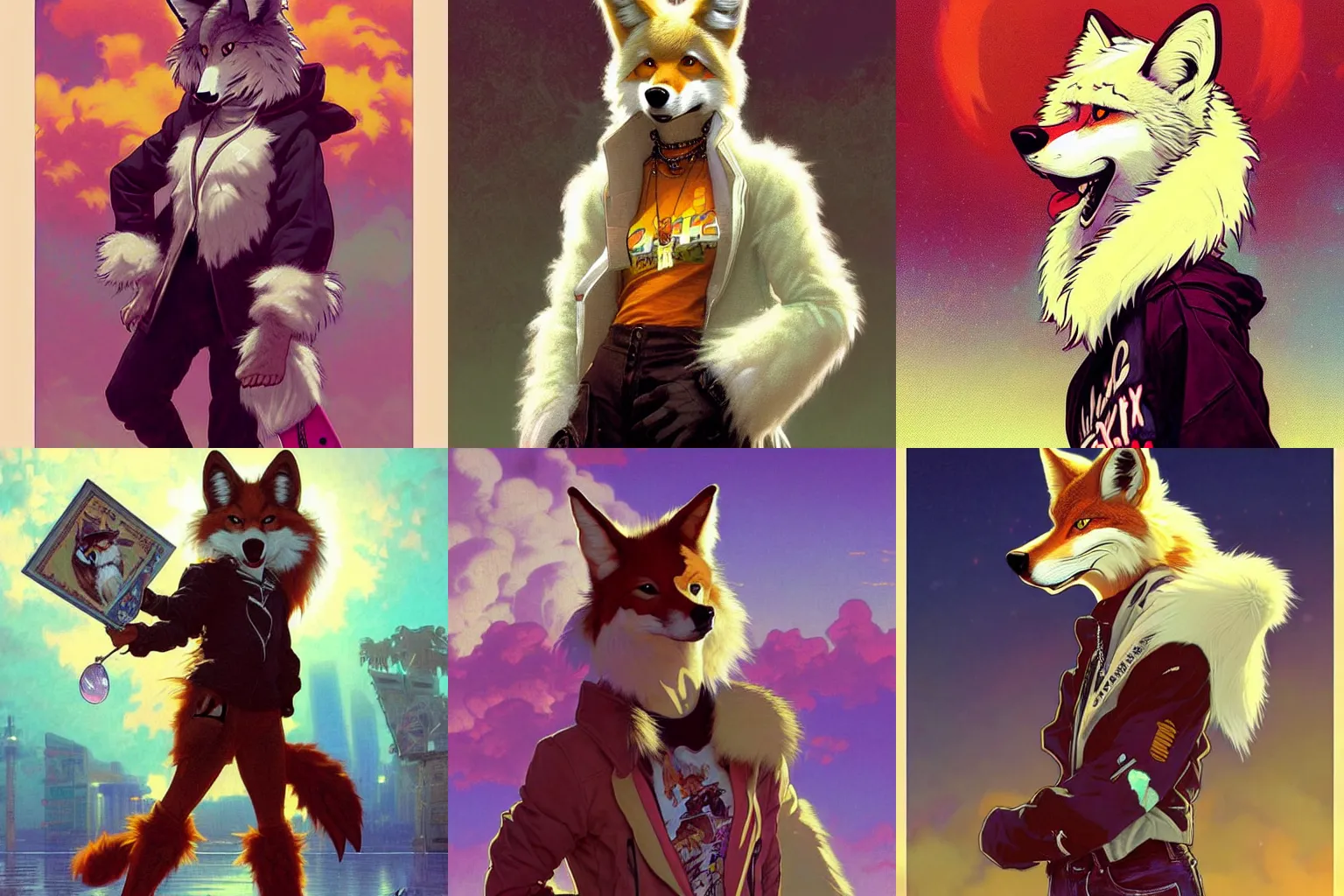 Prompt: furry anthropomorphic coyote with white fur wearing skater punk clothes. Vaporwave. Renowned character illustration by greg rutkowski, thomas kindkade, alphonse mucha, loish, norman rockwell. Trending on furaffinity. Digital Art.