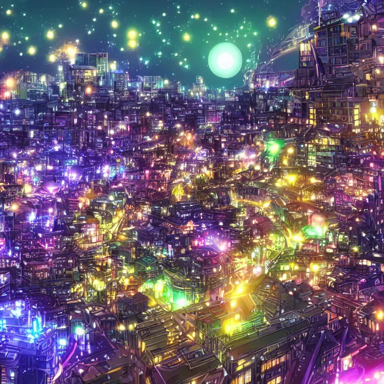 Image similar to anime styled city with many lights at night, lens flares, Christmas trees