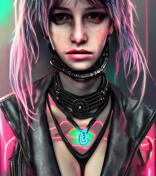 Image similar to detailed realistic cyberpunk female character cyberpunk wearing steel collar around neck, realistic, art, beautiful, 4K, collar, choker, collar around neck, punk, artstation, detailed, female, woman, choker, cyberpunk, neon, punk, collar, choker, collar around neck, thick collar, choker around neck, wearing choker, wearing collar, bright neon punk hair,