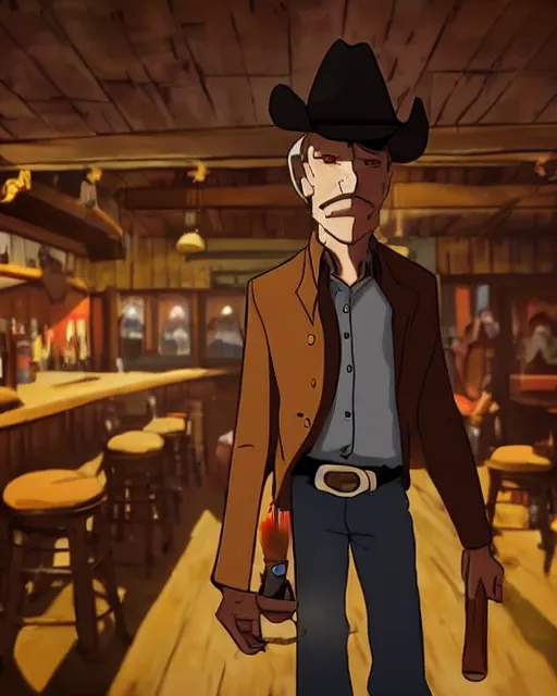 Image similar to an old cowboy walking into a crowded saloon bar. Anime. Soft lighting.