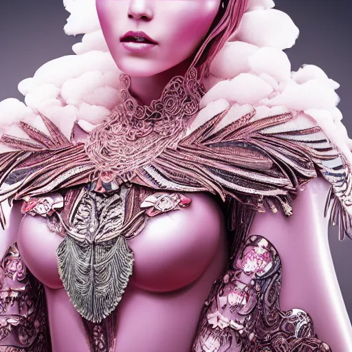 Image similar to a majestic woman wearing an intricate and detailed armor made of candy floss. layers. textures. delicate. elaborate. translucent. soft. ethereal. fragile. vulnerable. studio portrait. photorealistic. octane render