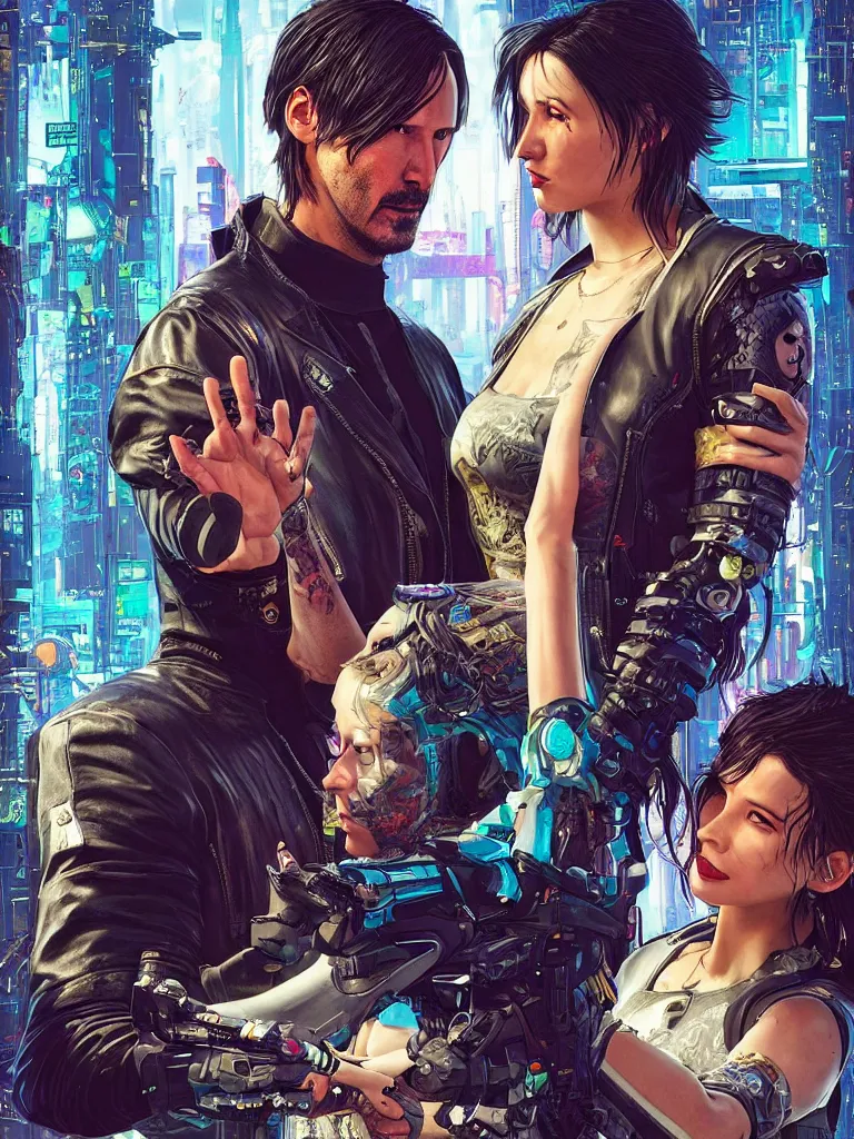 Prompt: a cyberpunk 2077 wedding couple portrait of Keanu Reeves as Johnny Silverhand and V in love story,pray,hug,hold,kiss,film lighting,by Lawrence Alma-Tadema,Andrei Riabovitchev,Laurie Greasley,Dan Mumford, John Wick,Speed,Replicas,artstation,deviantart,FAN ART,full of color,Digital painting,face enhance,highly detailed,8K,octane,golden ratio,cinematic lighting