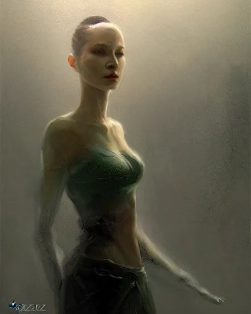 Prompt: gracious, regal majestic, pragmatic, charismatic character persephone from the matrix, face centered portrait, confident, ruined cityscape, sterile minimalistic room, architecture, fog, volumetric lighting, illustration, perfectly shaded, greenish tinge, cold lights soft painting, art by krenz cushart and wenjun lin