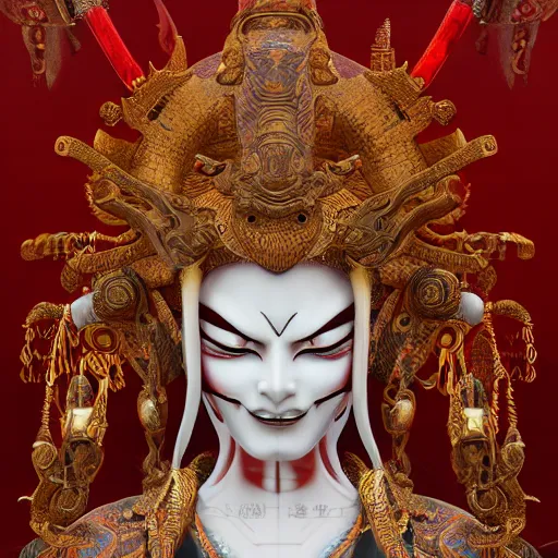 Image similar to naraka buddhist demon korean female, highly detailed, symmetrical long head, red blood eyes, smooth marble surfaces, detailed ink illustration, raiden metal gear, cinematic smooth stone, deep aesthetic, concept art, post process, 4 k, carved marble texture and silk cloth, latex skin, highly ornate intricate details, in the style of 8 8 grzes