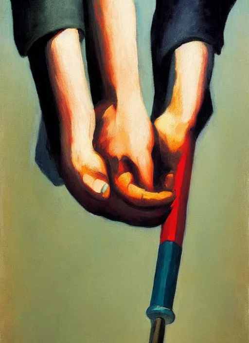 Prompt: three hands holding a hammer painted by Edward Hopper and James Gilleard