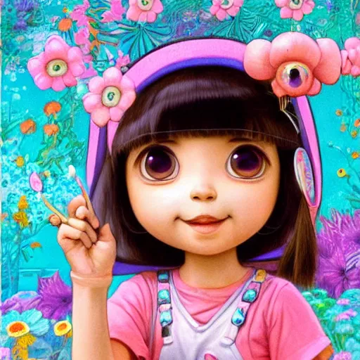 Prompt: portrait of dora the explorer as real girl in happy pose, detailed, intricate complex background, japanese Pop Surrealism, lowbrow art style, muted pastel colors, soft lighting, 50's looks by Mark Ryden,Yosuke Ueno,mucha,Hikari Shimoda, artstation cgsociety