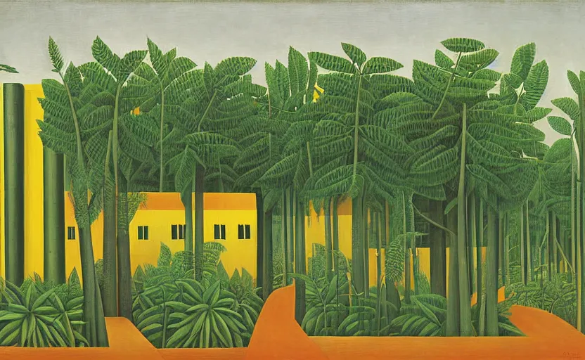 Image similar to geometric painting of industrial buildings surrounded by undergrowth by henri rousseau