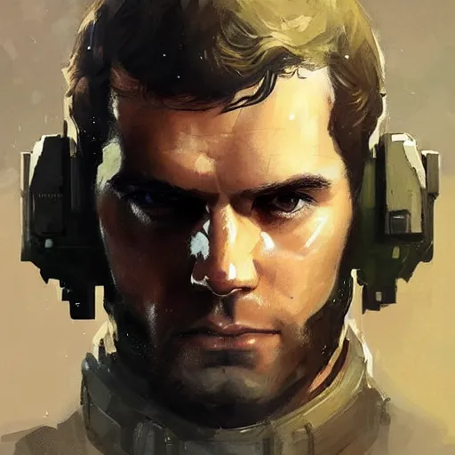 Image similar to portrait of a man by greg rutkowski, he looks like henry cavill with military short hair and shaved, impeccable military composure, wearing tactical gear of the galactic alliance, star wars expanded universe, he is about 3 0 years old, highly detailed portrait, digital painting, artstation, concept art, smooth, sharp foccus ilustration, artstation hq