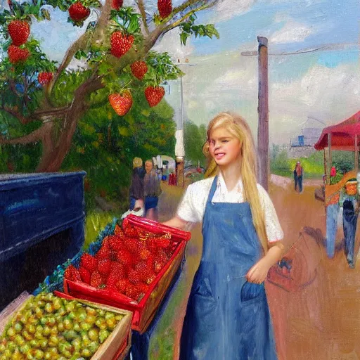 Prompt: Cute Blonde Girl 21 years old with locks sells Strawberries in a fruit stand, the fruit stand is a giant Strawberry, oil on canvas, Impressionism