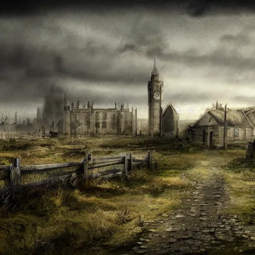 Prompt: post apocalyptic England landscape, digital art, realistic