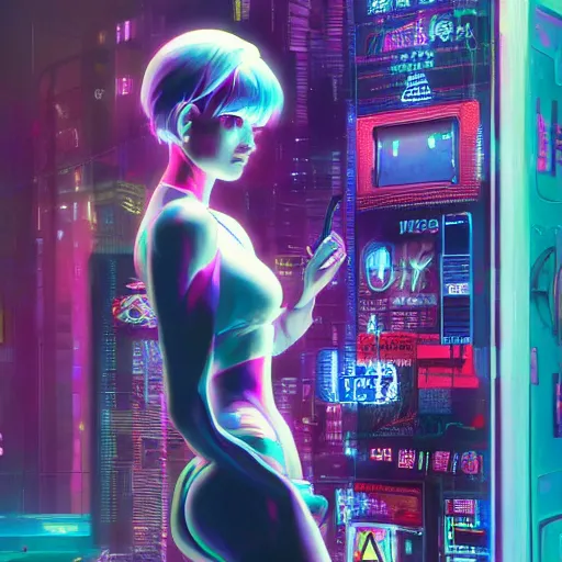 Prompt: extremely detailed realistic render of a cyberpunk girl i spired by ghost in the shell in front of a neon vending machine by James Jean and craig mullins, ArtStation, CGSociety