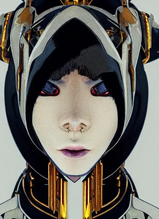 Image similar to close up portrait of a futuristic geisha cyborg, in the style of ghost in the shell, kintsugi, trending on artstation, modern fine art, fractal, intricate, elegant, highly detailed, digital photography, richard avedon and greg rutkowski,