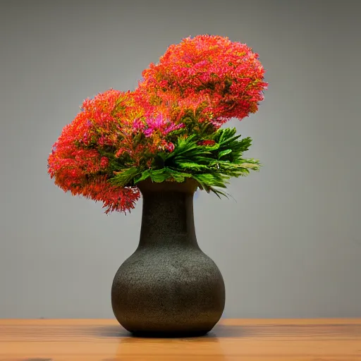 Image similar to a photo of 8k Ikebana in flower vase, wide angle, sony a7r3, ultra detail, photorealistic, in simple background