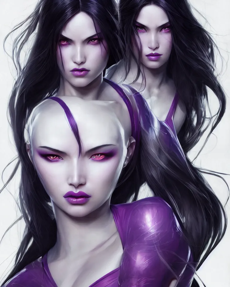 Image similar to centered detailed portrait of Psylocke, unrealistic character concept, beautiful comic super heroine, identical eyes, gazing eyes, beautiful eyes medium shot, elegant pose, fantasy, illustration, slender symmetrical face and body, artstation, cinematic lighting, hyperdetailed, cgsociety, 8k, high resolution, Charlie Bowater, Tom Bagshaw, single face, insanely detailed and intricate, octane render, golden ratio, dark fractal background, vfx, postprocessing, freckles, alluring, featured on behance, Trending on artstation, well-rendered. Marvel summer edition