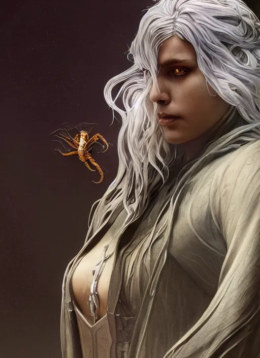 Image similar to A Tarantula, silver hair, cloak, male, fantasy, extremely detailed, digital painting, artstation, concept art, smooth, sharp focus, illustration, stunning lighting, art by artgerm and greg rutkowski and alphonse mucha and simon stalenhag, realistic character concept, low fantasy, light atmosphere, golden ratio, cinematic lighting, hyperdetailed, high resolution, insanely detailed and intricate, artstation, Marc Simonetti, Greg Rutkowski, 8k
