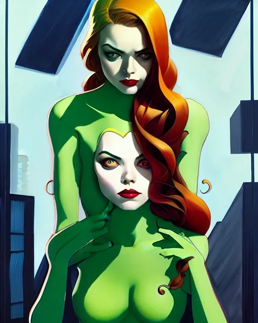 Image similar to joshua middleton, phil noto, artgerm, emma stone poison ivy dc comics, vines, symmetrical eyes, city rooftop