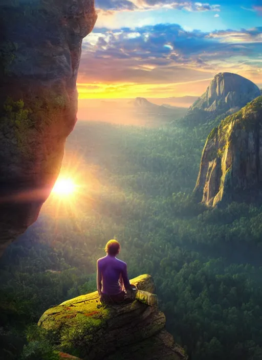 Prompt: an shaman sitting at the top of a cliff, looking down at the valley, doing a vision quest, beautiful sunset, matte painting