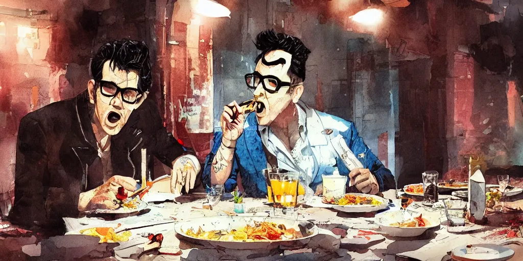 Image similar to cartoonish elvis costello eating dinner, vivid colors, character sheet, fine details, concept design, contrast, kim jung gi, greg rutkowski, watercolor, trending on artstation, 8 k, full body, turnaround, front view, back view, ultra wide angle