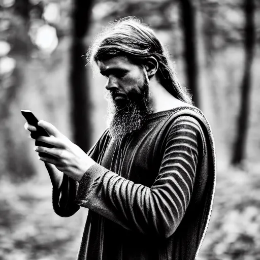 Prompt: photography portrait of a germanic pagan man holding a cell phone, early middle ages, leica 1 0 0 mm f 0. 8