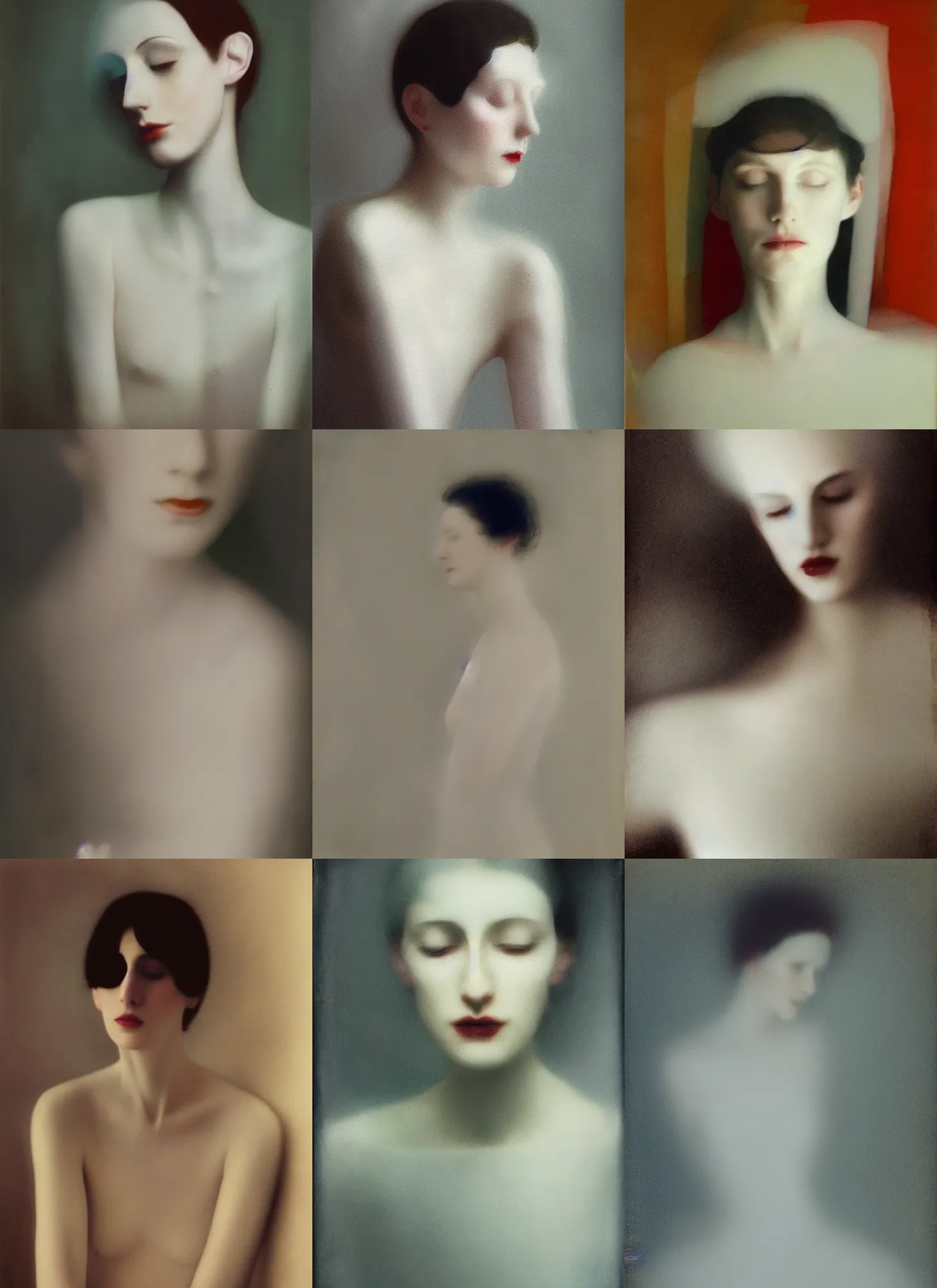 Prompt: new retro, out of focus photorealistic portrait of a beautiful aesthetic pale woman by sarah moon, very blurry, translucent white skin, closed eyes, foggy