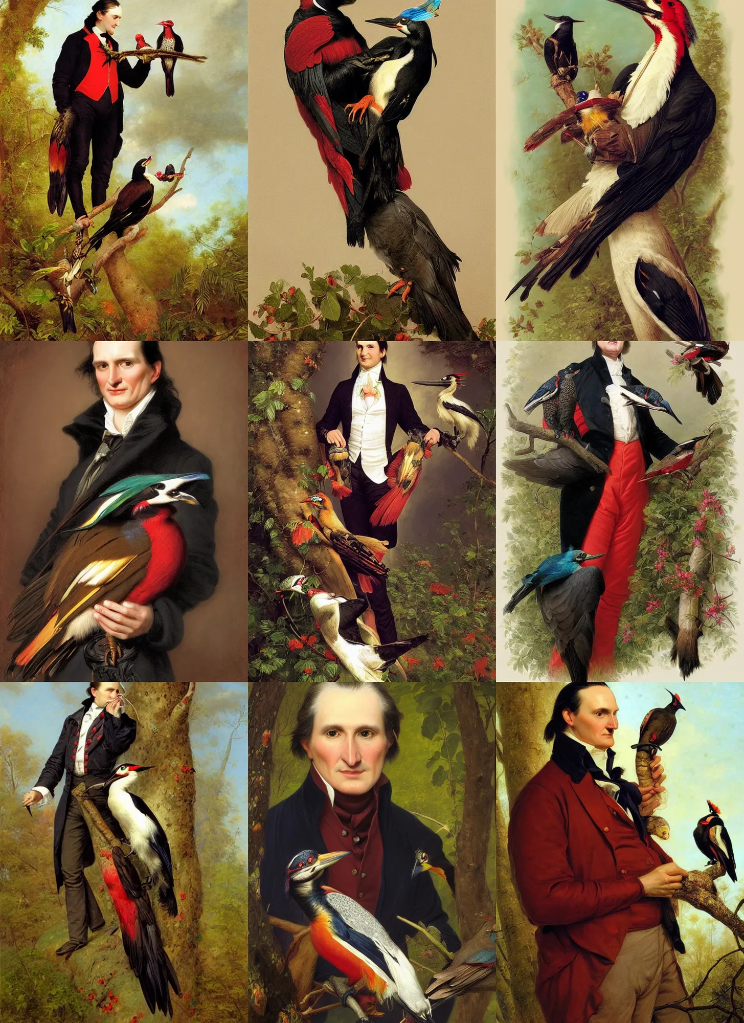 Prompt: formal portrait of john james audubon holding a single pileated woodpecker. digital art by eugene de blaas, ross tran, and nasreddine dinet, vibrant color scheme, intricately detailed, in the style of romanticism. artstation, greg rutkowski