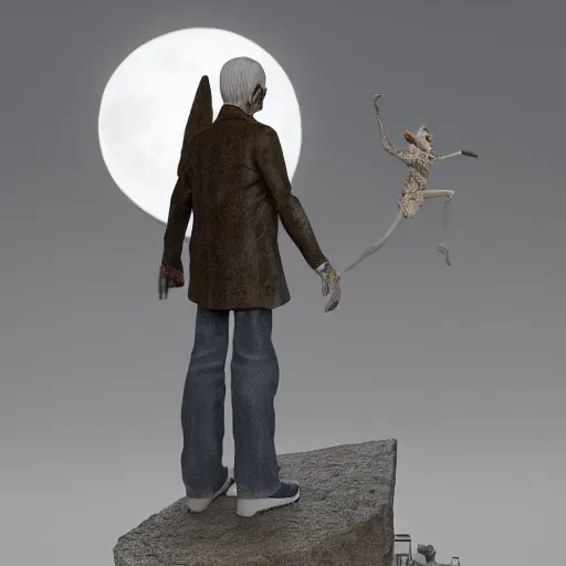 Prompt: full moon, figurines, travel, tilt shift, style of 3 d daz, occlusion, white clay, style of dave mckean, style of shuzo oshimi, style of will eisner, full of color, on white, smooth, thin sharp lines, detailed, octane render