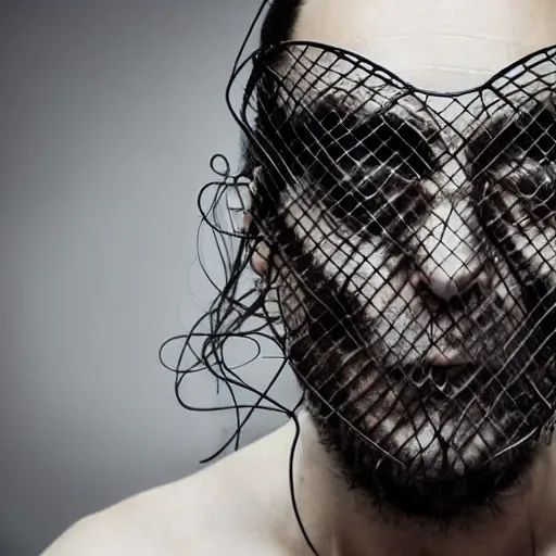 Prompt: a man with a gothic cage over his face who is afraid of waking up