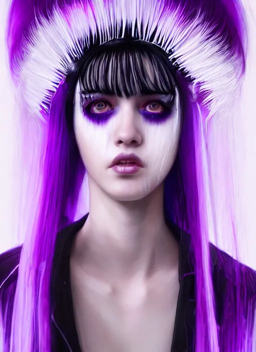 Image similar to hair whitebangs hair, black cyberlox, portrait of teenage girl with white bangs, whitebangsblackhair, messy bangs, cyberlox, whitebangs, red irises, purple clothes, intricate, elegant, glowing lights, highly detailed, digital painting, artstation, concept art, sharp focus, illustration, art by wlop, mars ravelo and greg rutkowski